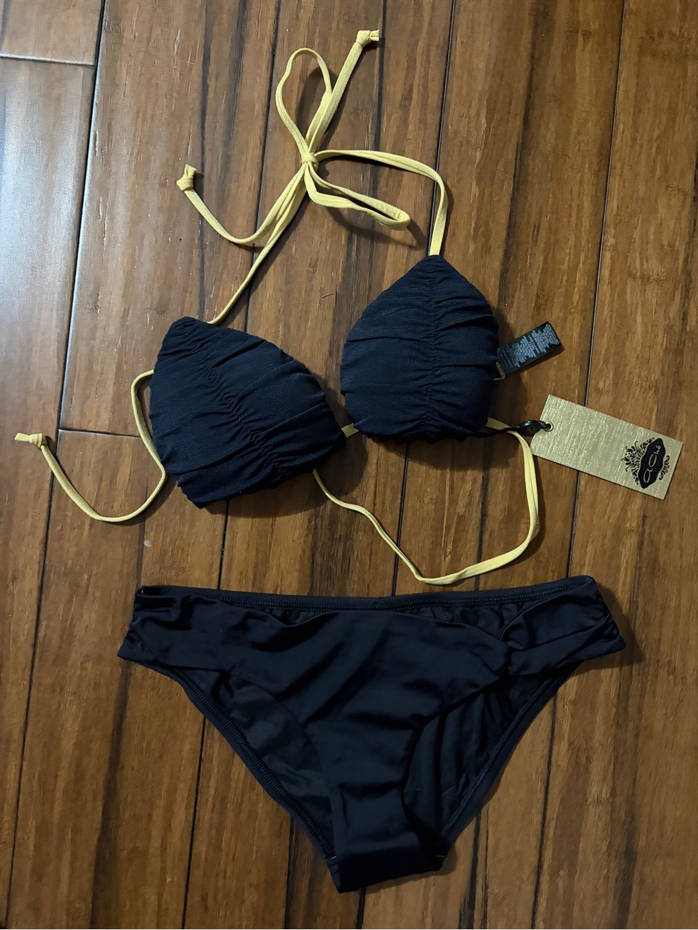 NWT Black Triangle Bikini with Gold Tie Straps